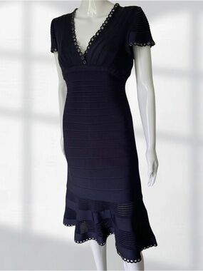 Herve Leger Navy Grommet V-Neck Cap Sleeve Bandage Midi Dress Sz XS